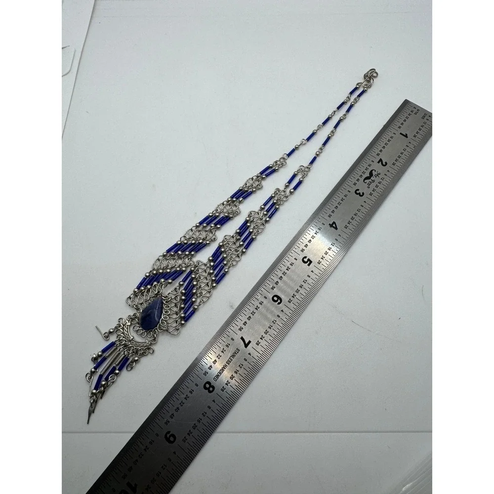 Blue Beaded Multi Strand Bib Necklace Silver Tone Fringe Statement Tribal Gypsy